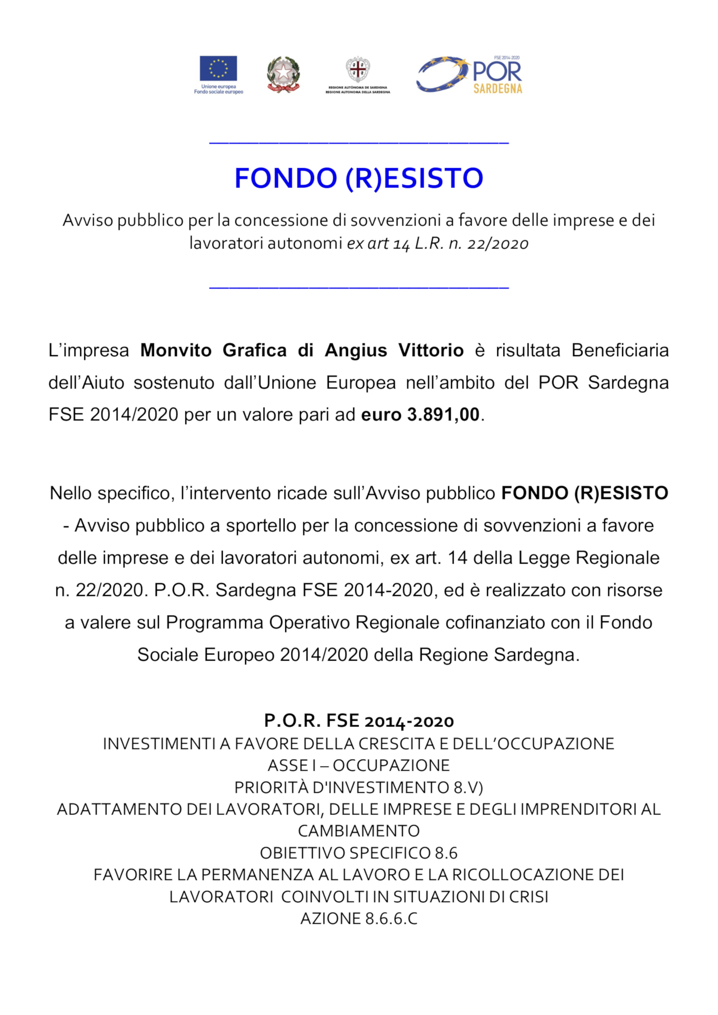 Poster formato A3 Fondo Resisto - Monvitografica di Angius Vittorio