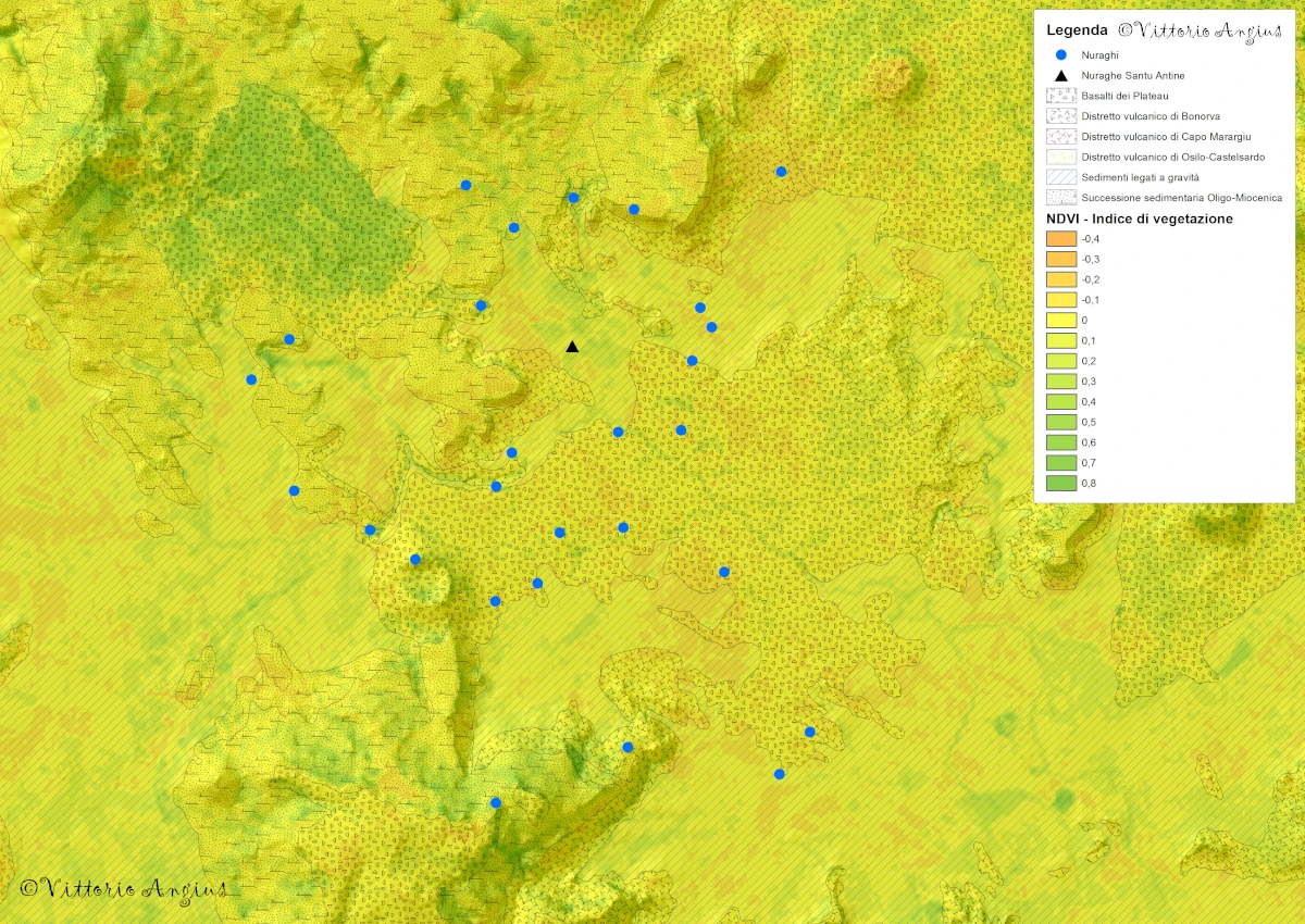 La posizione del nuraghe Santu Antine rispetto agli affioramenti geologici e la vegetazione