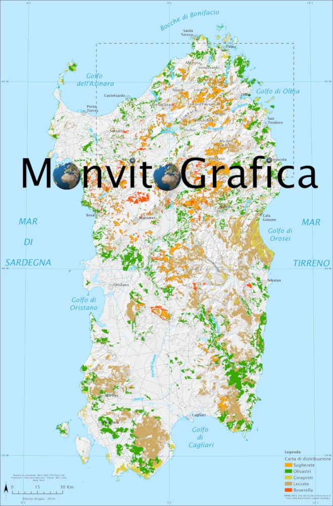 Mappa della Sardegna sulla distribuzione del sughero
